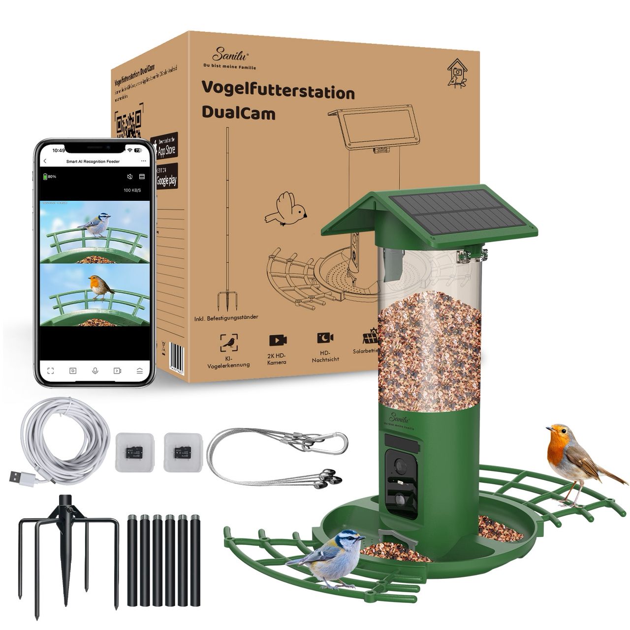 Überblick des Lieferumfangs der Vogelfutterstation DualCam von Sanilu