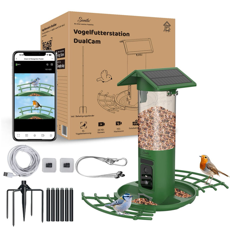 Überblick des Lieferumfangs der Vogelfutterstation DualCam von Sanilu