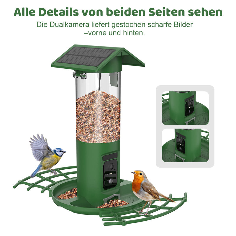 Vogelfutterstation DualCam von Sanilu - Doppel-Kamera-Ansicht mit zwei Vögeln - Text im Bild: Alle Details von beiden Seiten sehen
Die Dualkamera liefert gestochen scharfe Bilder – vorne und hinten.