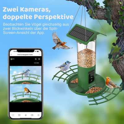 Vogelfutterstation DualCam von Sanilu - Zwei Kameras - Doppelte Perspektive - Aufschrift: Zwei Kameras, doppelte Perspektive
Beobachten Sie Vögel gleichzeitig aus zwei Blickwinkeln über die Split-Screen-Ansicht der App.