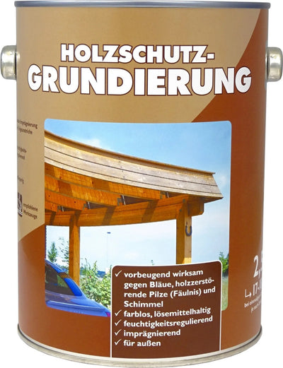 Holzgrundierung in Metalldose; Etikett zeigt eine Holzkonstruktion