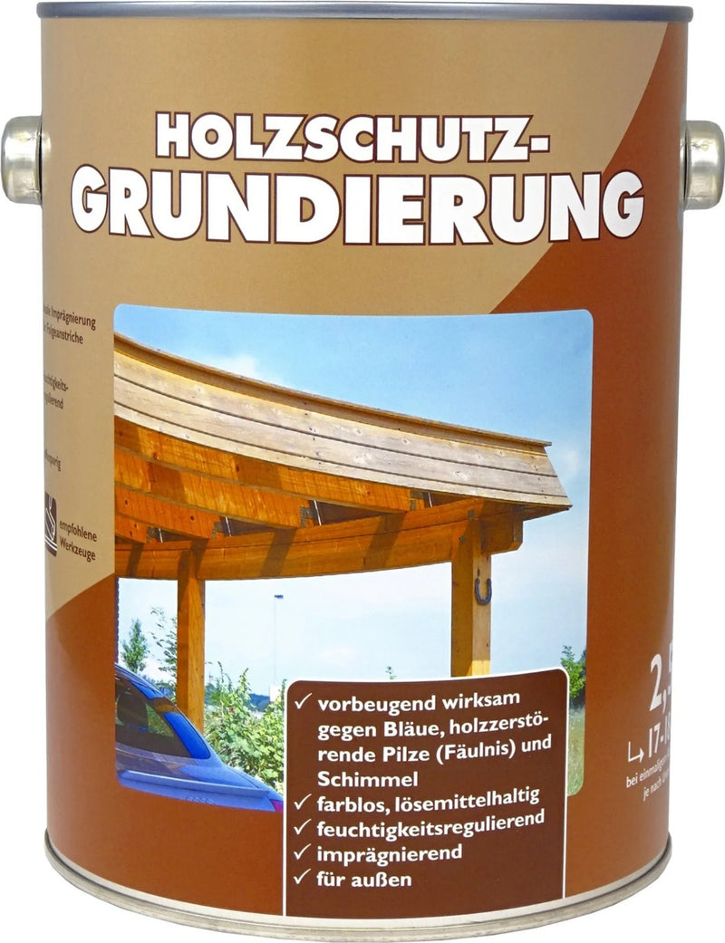 Holzgrundierung in Metalldose; Etikett zeigt eine Holzkonstruktion